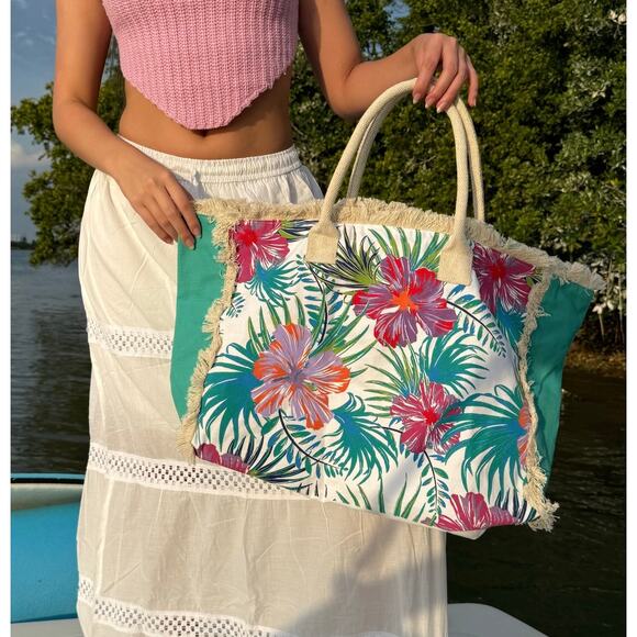 Beach Bag Tote, Ocean Floral Large Pool Bag Shoulder Travel Tote Bags W Zipper - Picture 2 of 8